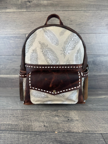 Backpack - White & Ivory Feathers with Buckstitching