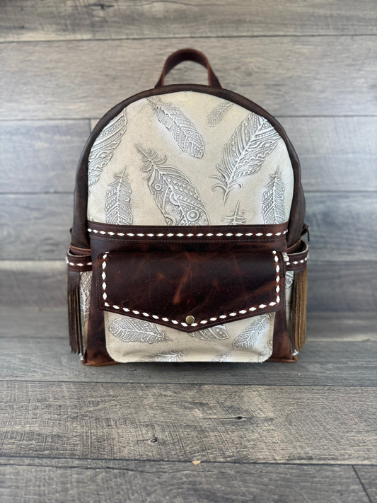 Backpack - White & Ivory Feathers with Buckstitching