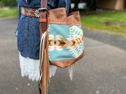 Elite Collection X - Rosemary Shoulder Bag - Turquoise Arroyo w/Saddle & White Fringe