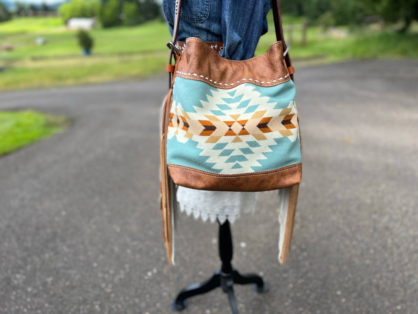 Elite Collection X - Rosemary Shoulder Bag - Turquoise Arroyo w/Saddle & White Fringe