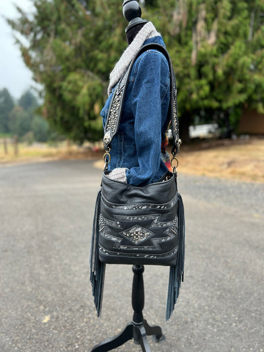 Rosemary Shoulder Bag - Black Aztec & Metallic Acid Wash Cowhide