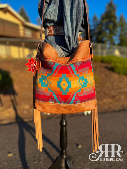 Rosemary Shoulder Bag - Saddle Tan & Turquoise Sunrise