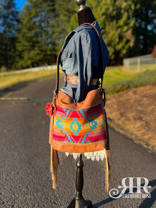 Rosemary Shoulder Bag - Saddle Tan & Turquoise Sunrise